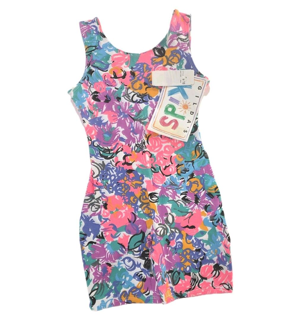 Gilda Marx Kids VTG 80s Pastel Scribbles Cotton Biketard Leotard Dance Size 8/10